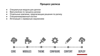 Процесс релиза 
● Специальные модули для деплоя 
● Best practices по процессу релиза 
● Отдельные компании, предлагающие решения по релизу 
● Специализированный хостинг 
● Интеграция с серверным окружением 
 