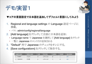 デモ/実習１
▼コアの言語設定で日本語を追加してデフォルト言語にしてみよう
1. Regional and language settings の Language 設定ページに
移動。
• パス： admin/config/regional/language
2. [Add language] をクリックして言語に日本語を追加：
• Language name で Japanese を選択して [Add language] をクリック
• 一覧に Japanese のエントリが追加される
3. "Default" 列で Japanese のチェックをオンにする。
4. [Save configurationn] をクリックして保存する。
2015年3月14日（土）第11回DrupalさっぽろMeetup
 