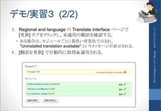 デモ/実習３ (2/2)
3. Regional and language の Translate interface ページで
[更新] タブをクリックし、未適用の翻訳を確認する。
• ある場合は、モジュールごとに黄色い背景色で示され、
"Uninstalled translation available" というメッセージが表示される。
4. [翻訳を更新] で自動的に取得＆適用される。
2015年3月14日（土）第11回DrupalさっぽろMeetup
 