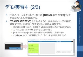 デモ/実習４ (2/3)
3. 任意のページを表示して、右下に [TRANSLATE TEXT] リンク
が表示されることを確認する。
4. [TRANSLATE TEXT] をクリックすると、表示中のページの翻訳
対象文字列と対訳の一覧を表示し、確認＆編集する：
• 翻訳済みの UI は緑色、未翻訳の UI は白の背景にそれぞれ表示される
• 左下の入力ボックスで UI を絞り込むことができる
• [日本語への翻訳] の列に表示される対訳を編集して保存できる
• パス locale のページに移動すれば一覧の UI 文字列を翻訳できる
2015年3月14日（土）第11回DrupalさっぽろMeetup
 