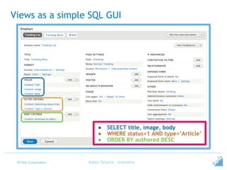 ©Tieto Corporation
Views as a simple SQL GUI
Ruben Teijeiro - @rteijeiro
● SELECT title, image, body
● WHERE status=1 AND type=’Article’
● ORDER BY authored DESC
 