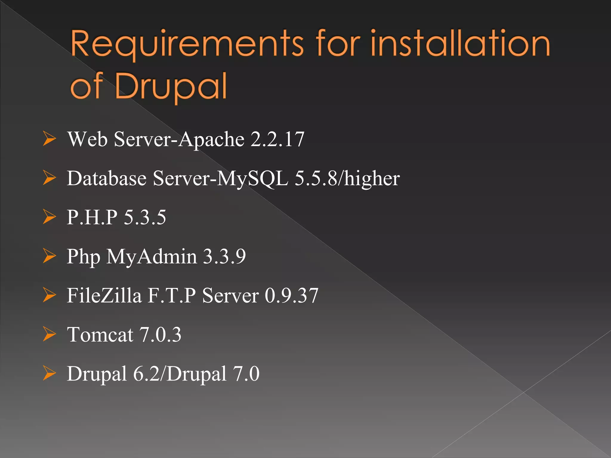  Web Server-Apache 2.2.17
 Database Server-MySQL 5.5.8/higher
 P.H.P 5.3.5
 Php MyAdmin 3.3.9
 FileZilla F.T.P Server 0.9.37
 Tomcat 7.0.3
 Drupal 6.2/Drupal 7.0
 