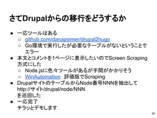 さてDrupalからの移行をどうするか
● 一応ツールはある
○ github.com/danapsimer/drupal2hugo　
○ Go環境で実行したが必要なテーブルがないということで
エラー
● 本文とコメントを1ページに表示したいのでScreen Scraping
方式にした
○ Node.jsに色々ツールがあるが手間がかかりそう
○ WinAutomation　評価版でScraping
● DrupalサイトのテーブルからNode番号NNNを抽出して
http://サイト/drupal/node/NNN
を巡回した
● 一応完了
チラッとデモします
26
 