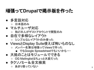 頑張ってDrupalで掲示板を作った
● 多言語対応
○ 日本語のみ
● マルチユーザ対応
○ 殆どの人がゲストアカウントで閲覧のみ
● 自在で多様なレイアウト
○ シンプルなレイアウトのみ使った
● ViewsとDisplay Suite使えば怖いものなし
○ メンバー名簿は頑張ってViewsで作った
■ でもGoogle Spreadsheetでもいいかも・・・
● 大抵のことはモジュールでできる
○ OG Mailinglistはちょっと大変だった
● タクソノミー＆全文検索
○ あまり使っていない 5
 