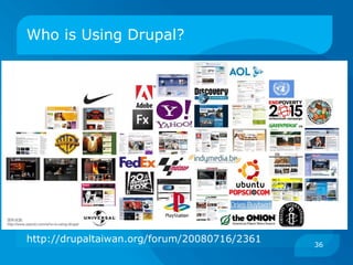 Who is Using Drupal?




http://drupaltaiwan.org/forum/20080716/2361
                                              36
 