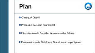 Plan
C’est quoi Drupal
Processus de setup pour drupal
Présentation de la Plateforme Drupal avec un petit projet
L'Architecture de Drupal et la structure des fichiers
 