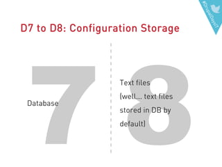 #DrupalDaysIT
87
D7 to D8: Configuration Storage
Database
Text files
(well... text files
stored in DB by
default)
 