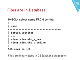 #DrupalDaysIT
Files are in Database
MySQL> select name FROM config;
+---------------------------------+
| name |
+---------------------------------+
| bartik.settings |
| ... |
| views.view.who_s_new |
| views.view.who_s_online |
+---------------------------------+
166 rows in set
Files are binary blobs in DB (backend pluggable)
 