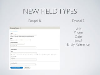 NEW FIELDTYPES
Drupal 8 Drupal 7
Link	

Phone	

Date	

Email	

Entity Reference	

 