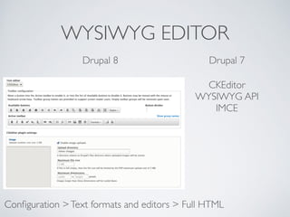 WYSIWYG EDITOR
Conﬁguration >Text formats and editors > Full HTML
Drupal 8 Drupal 7
CKEditor	

WYSIWYG API	

IMCE
 