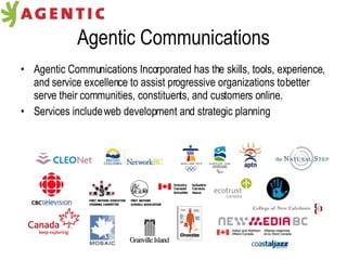 Agentic Communications Agentic Communications Incorporated has the skills, tools, experience, and service excellence to assist progressive organizations to better serve their communities, constituents, and customers online.  Services include web development and strategic planning 