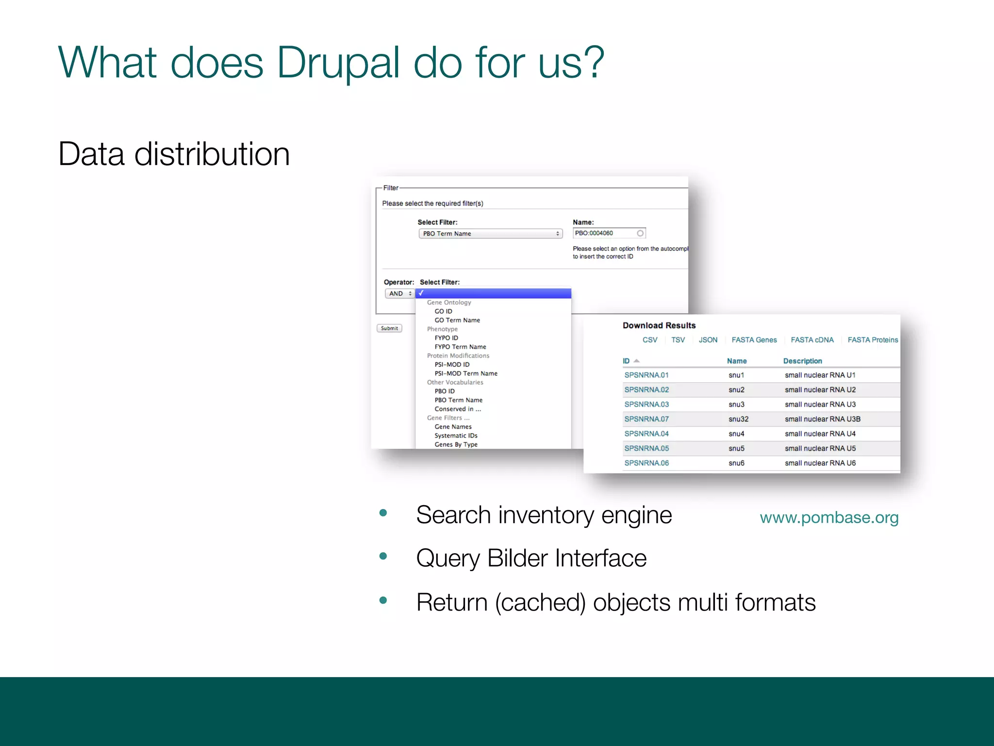Data distribution
• Search inventory engine
• Query Bilder Interface
• Return (cached) objects multi formats
www.pombase.org
What does Drupal do for us?
 