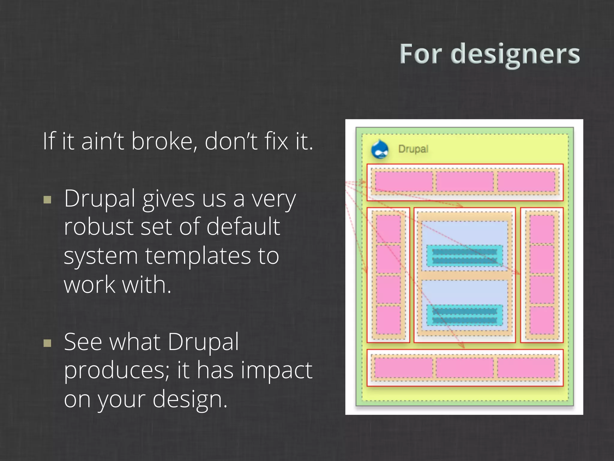 If it ain’t broke, don’t ﬁx it.

¡    Drupal gives us a very
      robust set of default
      system templates to
      work with.

¡    See what Drupal
      produces; it has impact
      on your design.
 