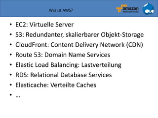 Was ist AWS?
• EC2: Virtuelle Server
• S3: Redundanter, skalierbarer Objekt-Storage
• CloudFront: Content Delivery Network (CDN)
• Route 53: Domain Name Services
• Elastic Load Balancing: Lastverteilung
• RDS: Relational Database Services
• Elasticache: Verteilte Caches
• …
 
