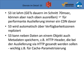Dienste im Detail: S3
• S3 ist lahm (GETs dauern im Schnitt 70msec,
können aber nach oben ausreißen)  für
performante Auslieferung immer ein CDN davor
• S3 wird automatisch über Verfügbarkeitszonen
repliziert
• S3 kann neben Daten an einem Objekt auch
Metadaten speichern, z.B. HTTP-Header, die bei
der Auslieferung via HTTP gesandt werden sollen
- wichtig z.B. für Cache-Parametrisierung
 