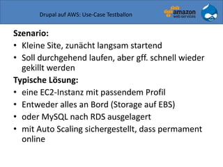Drupal auf AWS: Use-Case Testballon
Szenario:
• Kleine Site, zunächt langsam startend
• Soll durchgehend laufen, aber gff. schnell wieder
gekillt werden
Typische Lösung:
• eine EC2-Instanz mit passendem Profil
• Entweder alles an Bord (Storage auf EBS)
• oder MySQL nach RDS ausgelagert
• mit Auto Scaling sichergestellt, dass permament
online
 