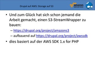 Drupal auf AWS: Storage auf S3
• Und zum Glück hat sich schon jemand die
Arbeit gemacht, einen S3-StreamWrapper zu
bauen:
– https://drupal.org/project/amazons3
– aufbauend auf https://drupal.org/project/awssdk
• dies basiert auf der AWS SDK 1.x for PHP
 