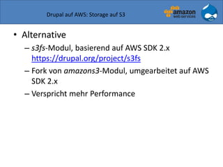 Drupal auf AWS: Storage auf S3
• Alternative
– s3fs-Modul, basierend auf AWS SDK 2.x
https://drupal.org/project/s3fs
– Fork von amazons3-Modul, umgearbeitet auf AWS
SDK 2.x
– Verspricht mehr Performance
 