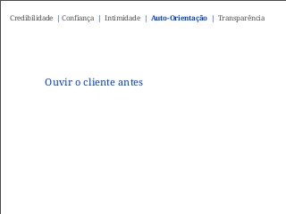 Ouvir o cliente antes
Credibilidade | Confiança | Intimidade | Auto-Orientação | Transparência
 