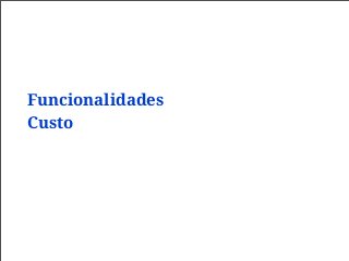 Funcionalidades
Custo
 