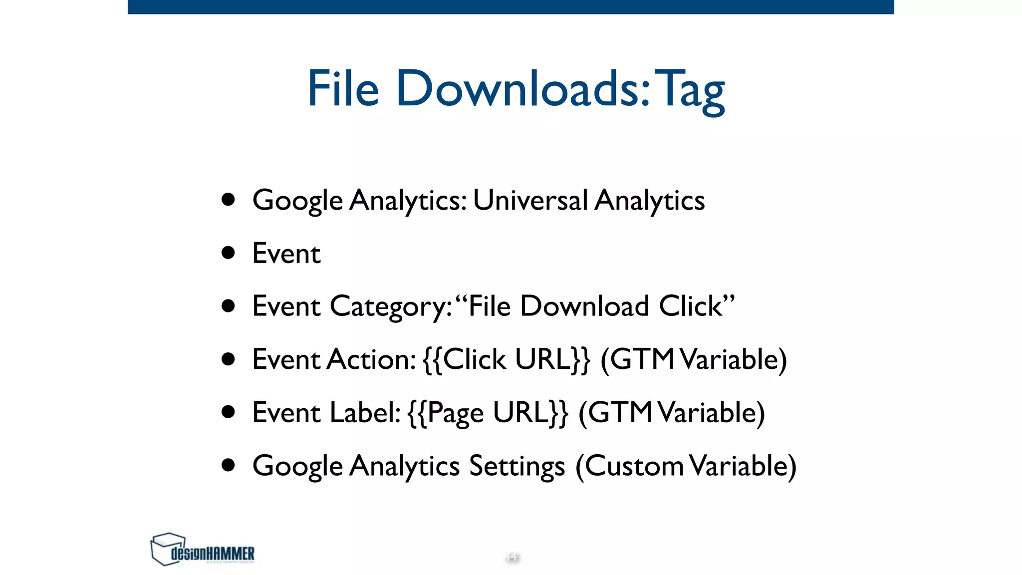 File Downloads:Tag
• Google Analytics: Universal Analytics
• Event
• Event Category:“File Download Click”
• Event Action: {{Click URL}} (GTMVariable)
• Event Label: {{Page URL}} (GTMVariable)
• Google Analytics Settings (CustomVariable)
44
 
