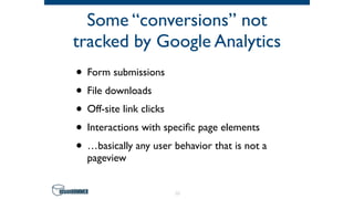 Some “conversions” not
tracked by Google Analytics
• Form submissions
• File downloads
• Off-site link clicks
• Interactions with speciﬁc page elements
• …basically any user behavior that is not a
pageview
11
 