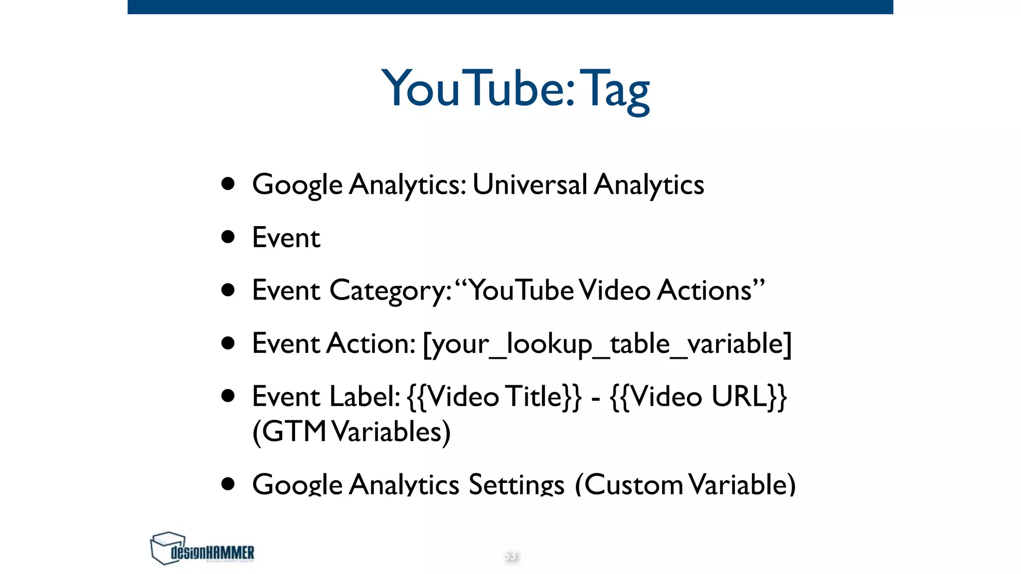 YouTube:Tag
• Google Analytics: Universal Analytics
• Event
• Event Category:“YouTubeVideo Actions”
• Event Action: [your_lookup_table_variable]
• Event Label: {{Video Title}} - {{Video URL}}
(GTMVariables)
• Google Analytics Settings (CustomVariable)
53
 