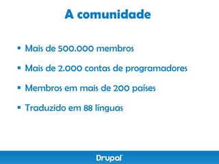 A comunidade

 Mais de 500.000 membros

 Mais de 2.000 contas de programadores

 Membros em mais de 200 países

 Traduzido em 88 línguas
 