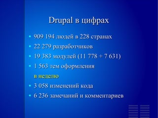 Drupal в цифрах
●   909 194 людей в 228 странах
●   22 279 разработчиков
●   19 383 модулей (11 778 + 7 631)
●   1 563 тем оформления
    в неделю
●   3 058 изменений кода
●   6 236 замечаний и комментариев
 