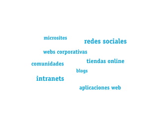 microsites
                    redes sociales
    webs corporativas

comunidades          tiendas online
                 blogs
 intranets
                  aplicaciones web
 