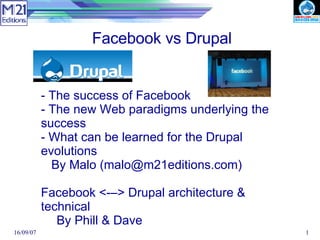 Facebook vs Drupal - The success of Facebook - The new Web paradigms underlying the success - What can be learned for the Drupal evolutions By Malo (malo@m21editions.com) Facebook <-–> Drupal architecture & technical By Phill & Dave 