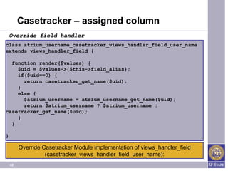 Casetracker – assigned column
    Override field handler
class atrium_username_casetracker_views_handler_field_user_name
extends views_handler_field {

  function render($values) {
    $uid = $values->{$this->field_alias};
    if($uid==0) {
      return casetracker_get_name($uid);
    }
    else {
      $atrium_username = atrium_username_get_name($uid);
      return $atrium_username ? $atrium_username :
casetracker_get_name($uid);
    }
  }

}

         Override Casetracker Module implementation of views_handler_field
                   (casetracker_views_handler_field_user_name):
    22
 