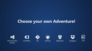 Choose your own Adventure! 
Visual Studio GitHub 
Online 
CodePlex Git BitBucket DropBox FTP 
 