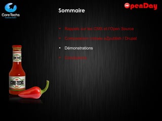Sommaire Rappels sur les CMS et l’Open Source Comparaison croisée eZpublish / Drupal Démonstrations  Conclusions 