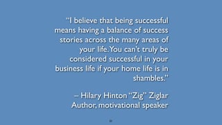 “I believe that being successful
means having a balance of success
stories across the many areas of
your life.You can’t truly be
considered successful in your
business life if your home life is in
shambles.”
– Hilary Hinton “Zig” Ziglar  
Author, motivational speaker
21
 
