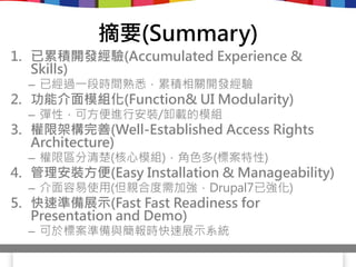 摘要(Summary)
1. 已累積開發經驗(Accumulated Experience &
   Skills)
  – 已經過一段時間熟悉，累積相關開發經驗
2. 功能介面模組化(Function& UI Modularity)
  – 彈性，可方便進行安裝/卸載的模組
3. 權限架構完善(Well-Established Access Rights
   Architecture)
  – 權限區分清楚(核心模組)，角色多(標案特性)
4. 管理安裝方便(Easy Installation & Manageability)
  – 介面容易使用(但親合度需加強，Drupal7已強化)
5. 快速準備展示(Fast Fast Readiness for
   Presentation and Demo)
  – 可於標案準備與簡報時快速展示系統
 