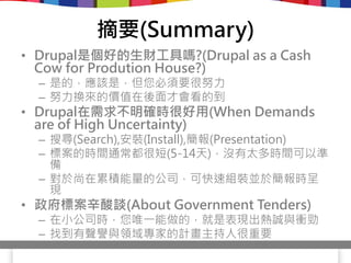 摘要(Summary)
• Drupal是個好的生財工具嗎?(Drupal as a Cash
  Cow for Prodution House?)
  – 是的，應該是，但您必須要很努力
  – 努力換來的價值在後面才會看的到
• Drupal在需求不明確時很好用(When Demands
  are of High Uncertainty)
  – 搜尋(Search),安裝(Install),簡報(Presentation)
  – 標案的時間通常都很短(5-14天)，沒有太多時間可以準
    備
  – 對於尚在累積能量的公司，可快速組裝並於簡報時呈
    現
• 政府標案辛酸談(About Government Tenders)
  – 在小公司時，您唯一能做的，就是表現出熱誠與衝勁
  – 找到有聲譽與領域專家的計畫主持人很重要
 