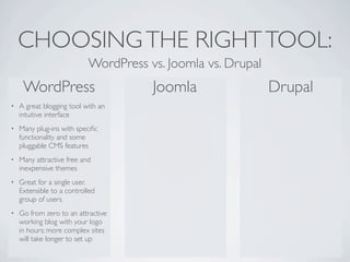 CHOOSING THE RIGHT TOOL:
                           WordPress vs. Joomla vs. Drupal
     WordPress                        Joomla                 Drupal
•   A great blogging tool with an
    intuitive interface
•   Many plug-ins with speciﬁc
    functionality and some
    pluggable CMS features
•   Many attractive free and
    inexpensive themes
•   Great for a single user.
    Extensible to a controlled
    group of users
•   Go from zero to an attractive
    working blog with your logo
    in hours; more complex sites
    will take longer to set up
 