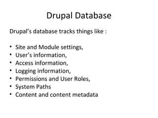 Drupal Database
Drupal’s database tracks things like :

•   Site and Module settings,
•   User’s information,
•   Access information,
•   Logging information,
•   Permissions and User Roles,
•   System Paths
•   Content and content metadata
 