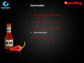 Sommaire Les principes des CMS et de l’ecommerce Présentation Drupal - Magento Drupal – Magento : pourquoi ? Démonstration Questions / Réponses 