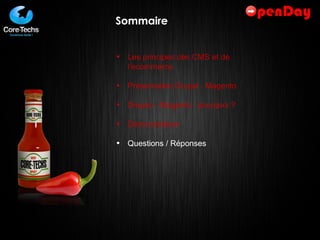 Sommaire Les principes des CMS et de l’ecommerce Présentation Drupal - Magento Drupal – Magento : pourquoi ? Démonstration Questions / Réponses 