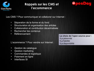 Rappels sur les CMS et l’ecommerce Les CMS ? Pour communiquer et collaborer sur Internet : Séparation de la forme et du fond Structuration et organisation des articles Collaboration et contribution décentralisée Rechercher les contenus Référencement L’ecommerce ? Pour vendre sur Internet : Gestion de catalogue Gestion marketing Commandes et logistique Paiement en ligne Interfaces SI Le choix de l’open source pour :  La pérennité La fiabilité La disponibilité 