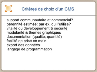 structuration des contenus (par date, auteur, mot-clé, type de contenu, etc...) 