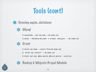 Tools (cont)
Syncing again…database

  Mysql
  $ mysqldump ‐‐opt db_name > db.dump.sql

  $ mysql ‐‐database=db_name ‐u drupal ‐pdb_pass  < db.dump.sql


  Drush
  $ drush sql‐dump ‐‐result‐file=db.dump.sql

  $ `drush sql connect` < db.dump.sql

  $ drush sql‐sync @dev.mysite @local.mysite ‐‐sanitize 



  Backup & Migrate Drupal Module
                            10
 