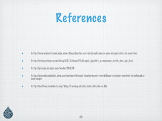 References

http://www.leveltendesign.com/blog/dustin-currie/synchronize-one-drupal-site-to-another

http://civicactions.com/blog/2011/may/31/drupal_quality_assurance_with_dev_qa_live

http://groups.drupal.org/node/56228

http://greenbeedigital.com.au/content/drupal-deployments-workﬂows-version-control-drushmake-
and-aegir

http://nathan.rambeck.org/blog/7-using-drush-load-database-ﬁle




                                       20
 