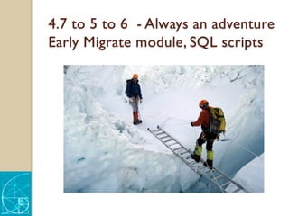 4.7 to 5 to 6 - Always an adventure
Early Migrate module, SQL scripts
 