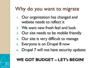 Why do you want to migrate
1. Our organization has changed and
website needs to reflect it
2. We want new fresh feel and look
3. Our site needs to be mobile friendly
4. Our site is very difficult to manage
5. Everyone is on Drupal 8 now
6. Drupal 7 will not have security updates
WE GOT BUDGET – LET’s BEGIN!
 