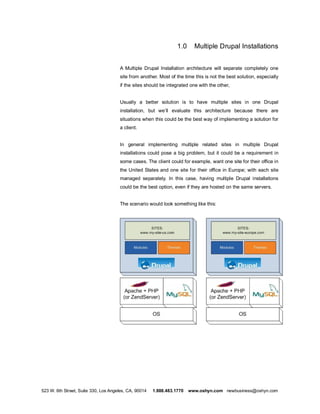 1.0     Multiple Drupal Installations


                                      A Multiple Drupal Installation architecture will separate completely one
                                      site from another. Most of the time this is not the best solution, especially
                                      if the sites should be integrated one with the other,


                                      Usually a better solution is to have multiple sites in one Drupal
                                      installation, but we ll evaluate this architecture because there are
                                      situations when this could be the best way of implementing a solution for
                                      a client.


                                      In general implementing multiple related sites in multiple Drupal
                                      installations could pose a big problem, but it could be a requirement in
                                      some cases. The client could for example, want one site for their office in
                                      the United States and one site for their office in Europe; with each site
                                      managed separately. In this case, having multiple Drupal installations
                                      could be the best option, even if they are hosted on the same servers.


                                      The scenario would look something like this:




523 W. 6th Street, Suite 330, Los Angeles, CA, 90014   1.888.483.1770   www.oshyn.com newbusiness@oshyn.com
 
