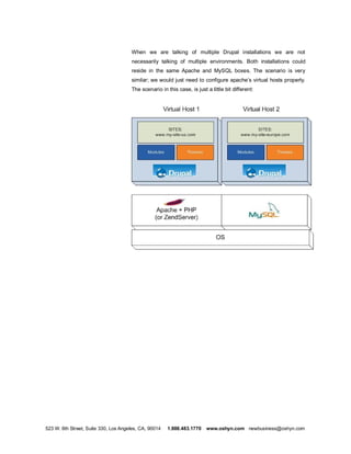 When we are talking of multiple Drupal installations we are not
                                      necessarily talking of multiple environments. Both installations could
                                      reside in the same Apache and MySQL boxes. The scenario is very
                                      similar; we would just need to configure apache s virtual hosts properly.
                                      The scenario in this case, is just a little bit different:




523 W. 6th Street, Suite 330, Los Angeles, CA, 90014   1.888.483.1770    www.oshyn.com newbusiness@oshyn.com
 
