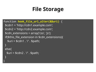 File Storage 
function hook_file_url_alter(&$uri) { 
$cdn1 = 'http://cdn1.example.com'; 
$cdn2 = 'http://cdn2.example.com'; 
$cdn_extensions = array('css', 'js'); 
if($this_file_extension in $cdn_extensions){ 
$uri = $cdn1 . '/' . $path; 
} 
else{ 
$uri = $cdn2 . '/' . $path; 
} 
} 
 